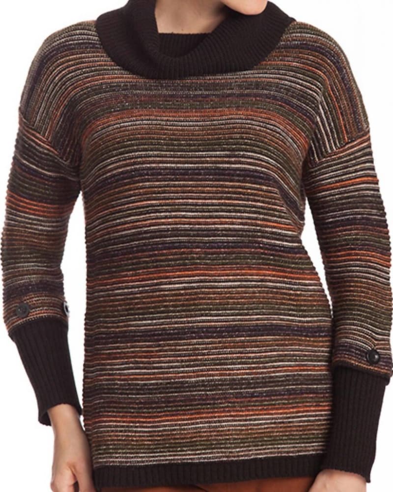 Front of a model wearing a size 3X Striped Detachable Sleeve Pullover in Black Multi in Black Multi by ANGEL. | dia_product_style_image_id:327083